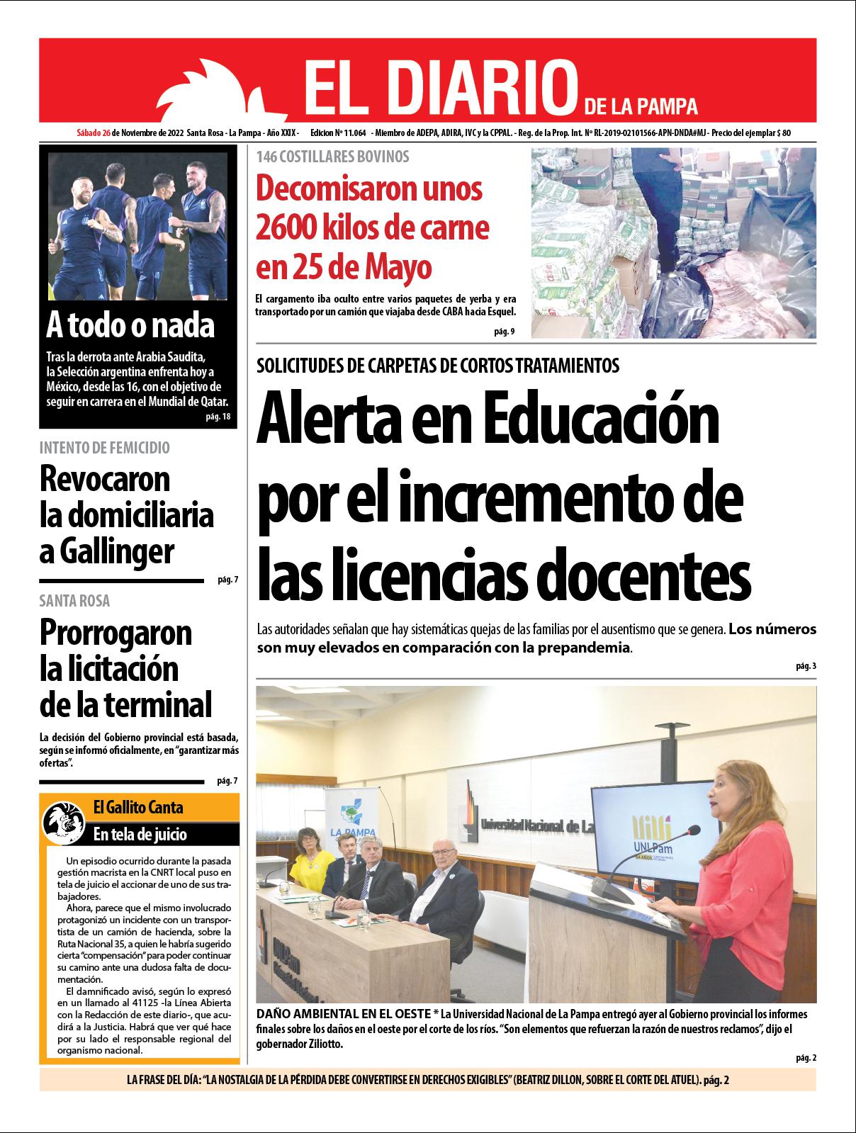 Tapa del diacutea saacutebado 26 de noviembre de 2022